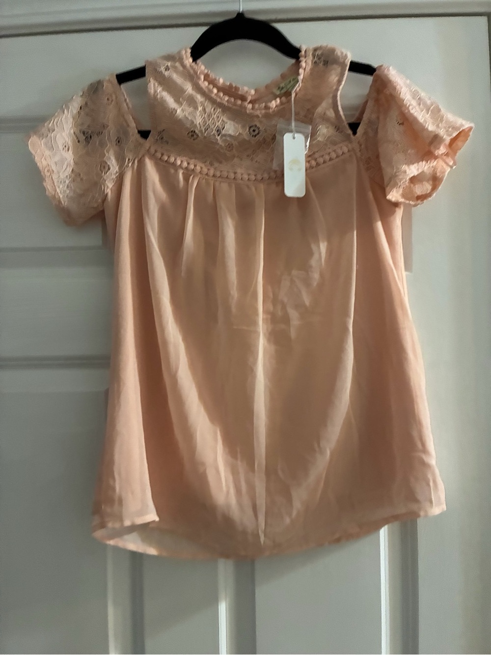 Lily White Blush Pink Lace Cold-Shoulder Blouse